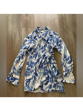 Rumer Amalfi blue & white bell sleeve collared wrap front mini linen blend dress
